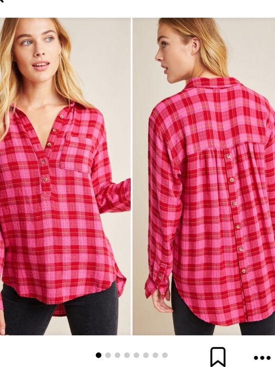 Anthropologie Tops - Anthropologie Isadora Plaid Flannel Tunic M Pink Red Button Back Oversized